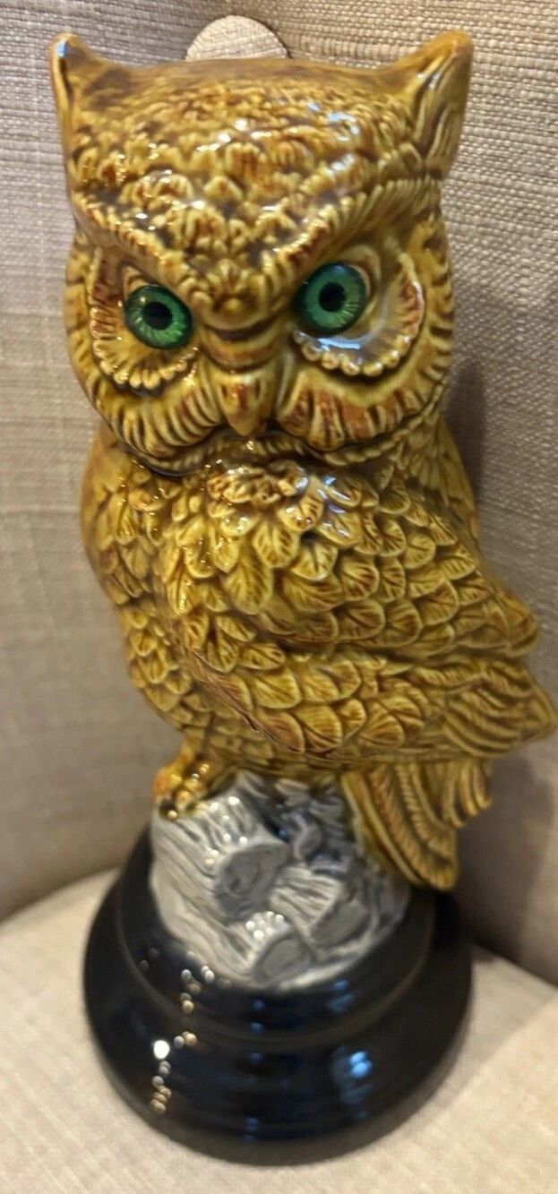 Vintage MCM Handmade Ceramic Brown Owl Glossy 70’s Green Eyes 9”